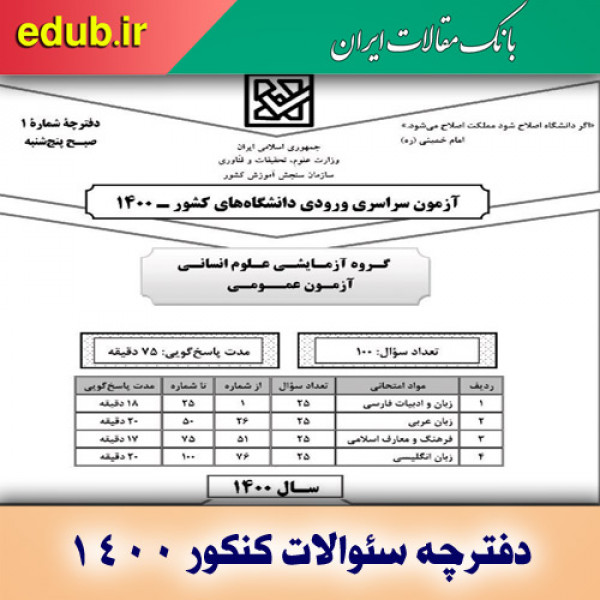 دفترچه عمومی سؤالات گروه آزمايشی علوم انسانی کنکور 1400