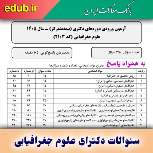 سئوالات و پاسخنامه دکترای علوم جغرافیایی سال ۱۴۰۵